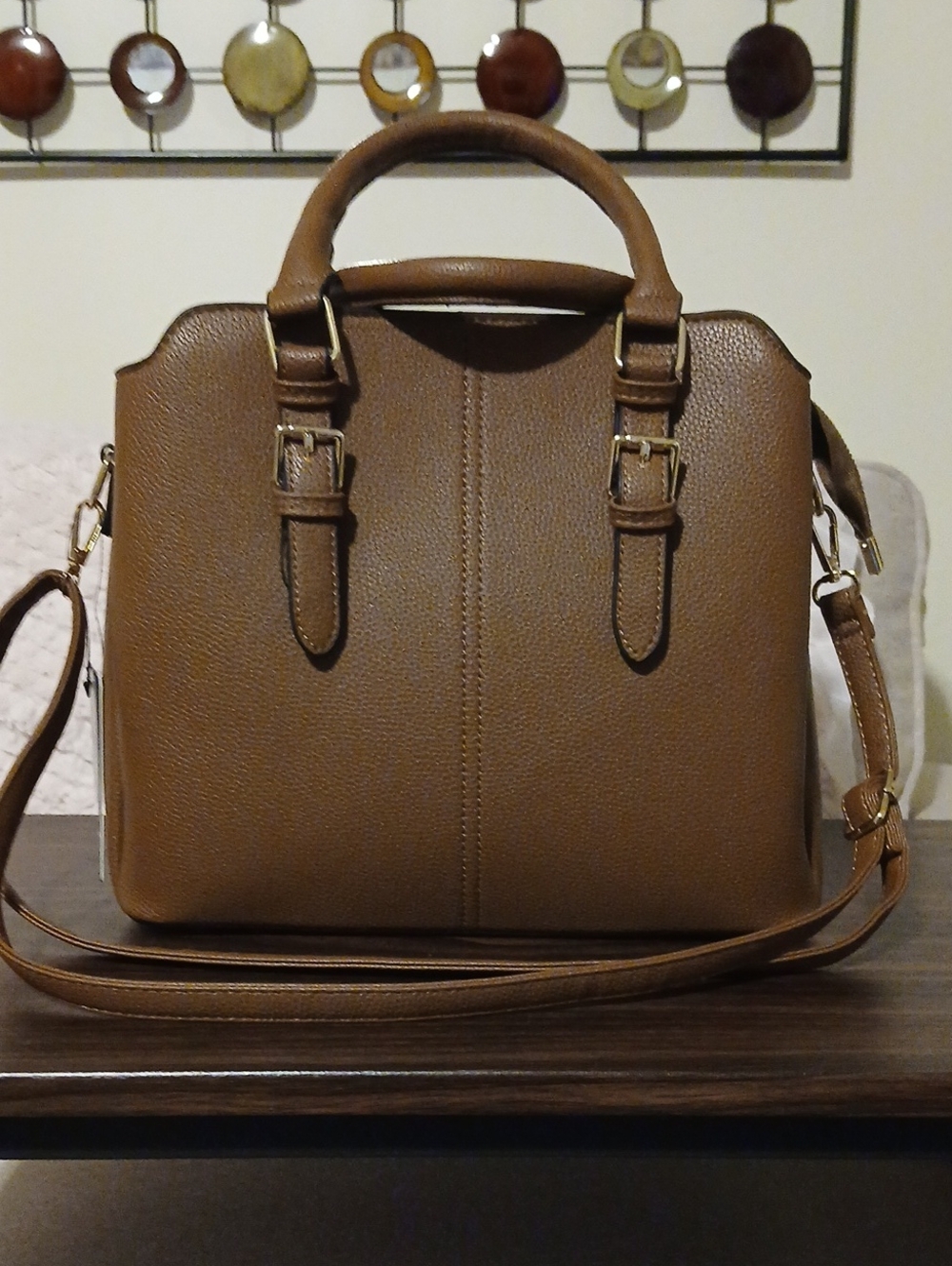 Structured Brown Pebbled Satchel Handbag with Top Handle & Crossbody Strap NWT
